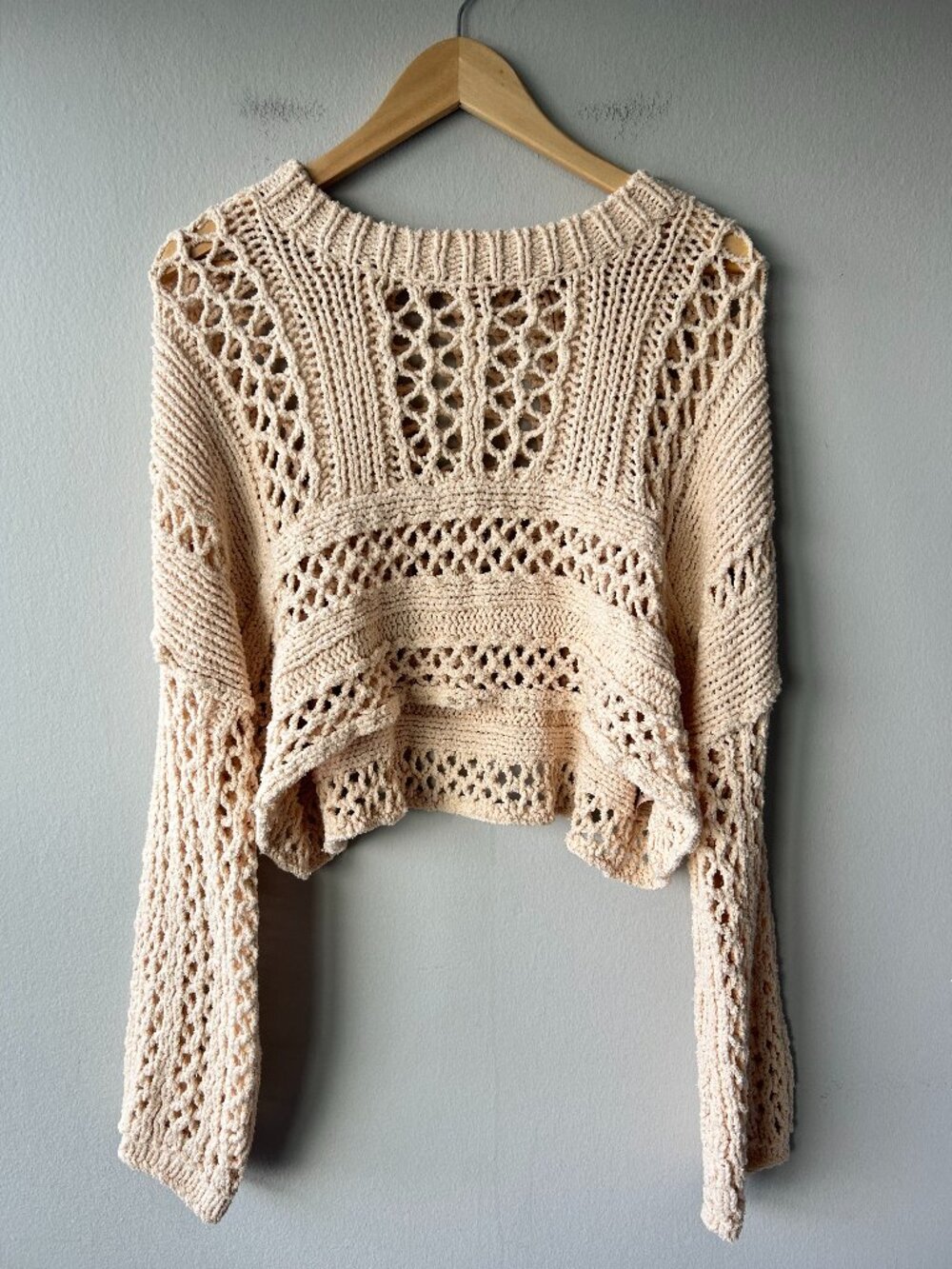 Free People Higher Love Crochet Fringe Pullover Sweater Cream L Boho